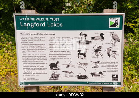 A Wiltshire Wildlife Trust sign at the Langford Lakes telling of wildlife in Steeple Langford , Wiltshire , England , Uk Stock Photo