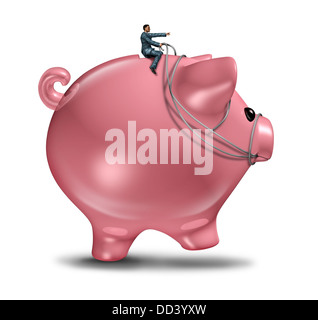 Financial management and wealth consulting business concept as a businessman on a piggy bank wearing a harness riding and controlling the budget direction of savings and invested money for future wealth success. Stock Photo
