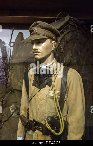 First World War One British tank commander wearing splatter face mask in WW1  Hooge Crater Museum, Zillebeke, Flanders, Belgium Stock Photo