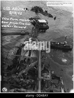 USS Arizona; View from main mast. Bow projecting from water- forward ...