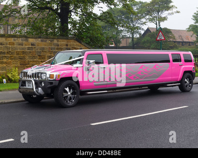 A bright pink Hummer stretched limousine with white ribbons wedding decoration Stock Photo