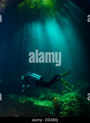 Female scuba diver exploring an underwater cavern illuminated by sunlight penetrating jungle canopy overhead. Raja Ampat, Indonesia Stock Photo