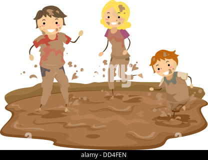 Illustration of Stickman Family Playing in the Mud Stock Photo