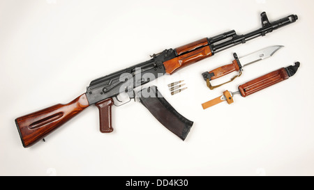 The Russian AK74 assault rifle and bayonet. The AK74 is an upgrade of the original AK47 7.62mm assault rifle to 5.45×39mm ammo Stock Photo