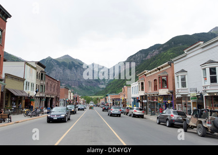 A view down the main street of Telluride in the Rocky Mountains in Colorado, USA. Stock Photo