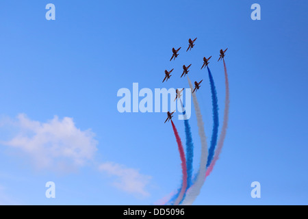 Red arrows at Wings and wheels Air show Dunsfold Airfield 26 August 2013 Surrey England Red Arrows Stock Photo