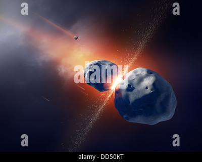 Asteroids collide and explode in deep space Stock Photo