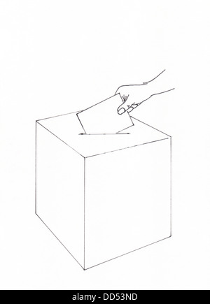 Election concept. Voter putting an envelope in a blank white ballot box ...