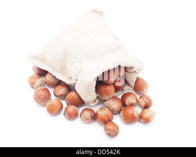 Hazelnuts in a bag on a white background Stock Photo
