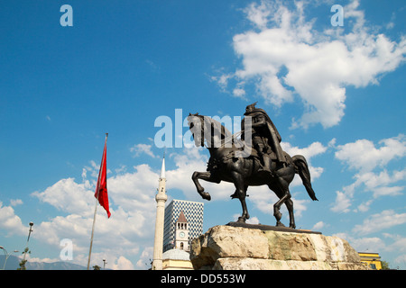 Statue Albanian national hero George Kastrioti Skanderbeg on his horse, in the main square of Tirana, the capital of Albania Stock Photo