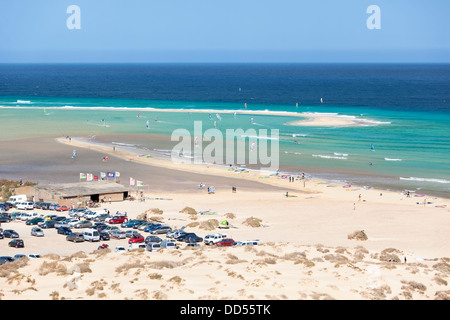 Playa de Sotavento with its beautiful lagoon filled with windsurfers. Stock Photo