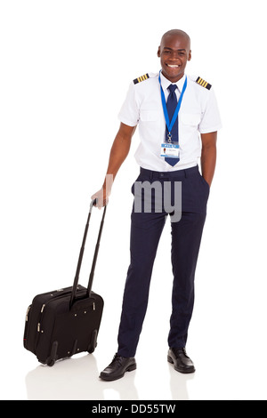 smiling African pilot with briefcase isolated on white Stock Photo