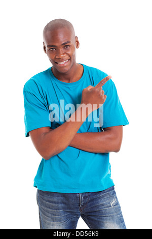 portrait of afro American man pointing at empty copy space isolated on white Stock Photo