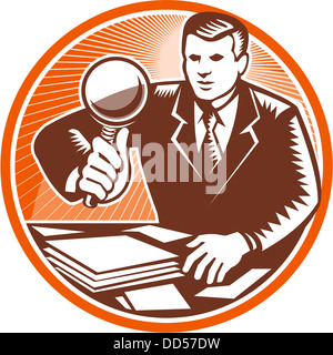 glass lens holding looking pile documents paper scrutiny inspection detective man male woodcut circle illustration artwork graph Stock Photo