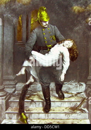 Fireman rescuing a child Victorian period Stock Photo