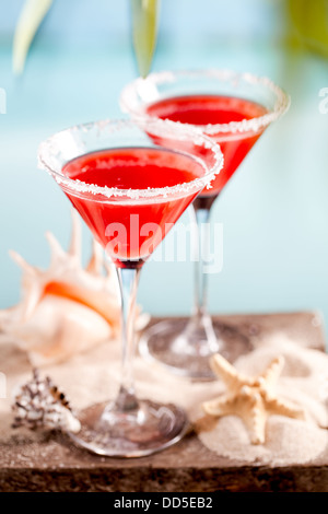 Tasty red drink on beach with ocean on sky background Stock Photo