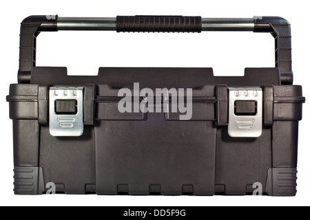 Big black tool box with latches and handle. Isolated on a white background. Stock Photo