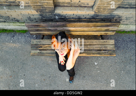 girl with tulle mask hat top shot Stock Photo