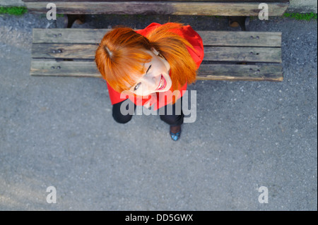 girl at wide stool top shot Stock Photo