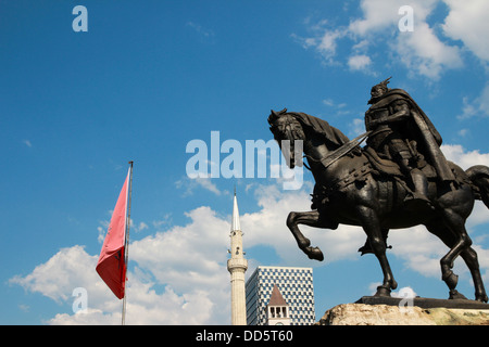 Statue Albanian national hero George Kastrioti Skanderbeg on his horse, in the main square of Tirana, the capital of Albania Stock Photo