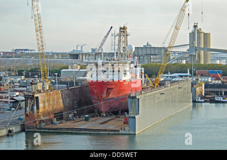 USA, Florida, Tampa, Deep sea geotechnical drilling vessel Furgo Explorer in floating dry dock for repairs. Stock Photo