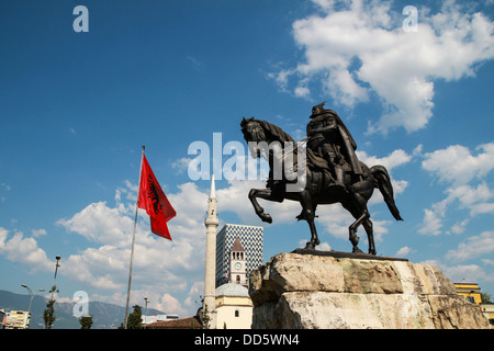 Statue Albanian national hero George Kastrioti Skanderbeg on his horse, in the main square of Tirana, the capital of Albania Stock Photo