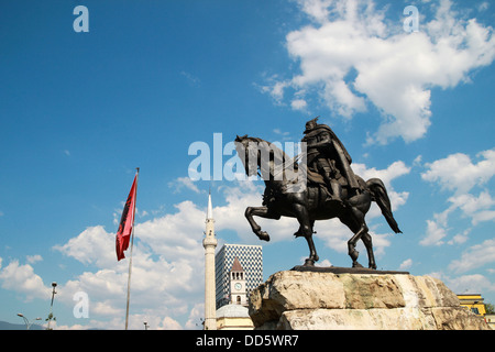 Statue Albanian national hero George Kastrioti Skanderbeg on his horse, in the main square of Tirana, the capital of Albania Stock Photo