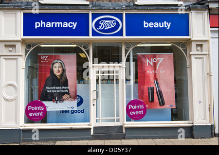 Window advert for No7 make-up at BOOTS store in city centre of York North Yorkshire England UK Stock Photo