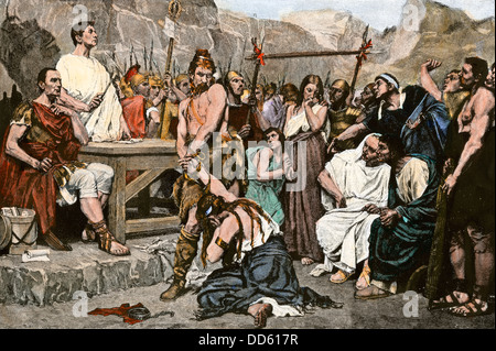 Iberians driven under the yoke and sold as Roman slaves. Hand-colored woodcut Stock Photo