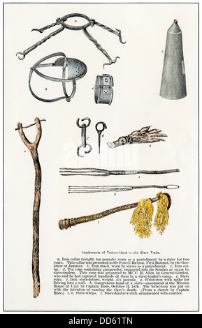 Implements of torture used in the African slave trade. Hand-colored woodcut Stock Photo