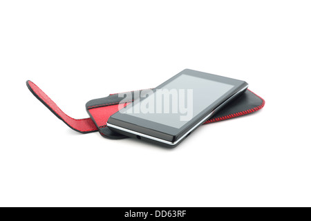 Smartphone lying on the leather case Stock Photo