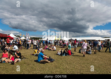 Horizontal view of people at a music festival enjoying the sunshine. Stock Photo