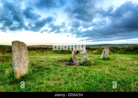 The Men-an-Tol standing stones Near Penzance in Cornwal. Stock Photo