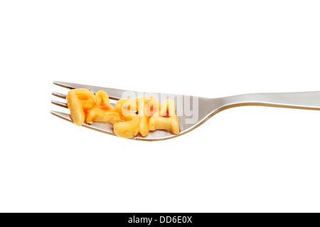 Alphabet spaghetti on a plate spells pasta isolated against white Stock Photo