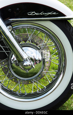 Harley Davidson motorcycle spoked wheel with white wall tyre Stock Photo