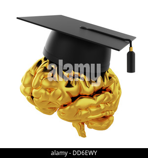 3d illustration of graduation cap with golden brain. Isolated on white background Stock Photo