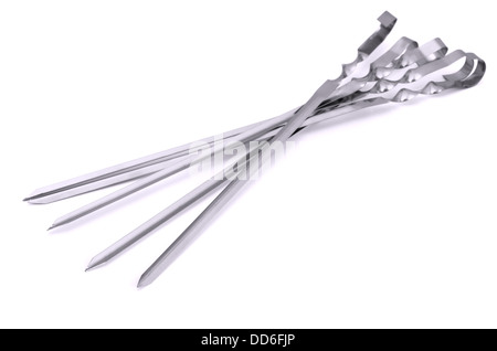 Stainless steel BBQ skewers isolated on white Stock Photo