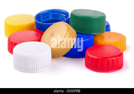 Plastic bottle screw caps isolated on white Stock Photo