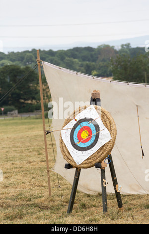 Archery target with several arrows sticking in it. The arrows are at odd angles due to being fired by inexperienced archers. Stock Photo