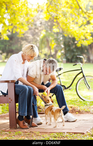 happy middle aged couple playing with their pet dog at the park Stock Photo