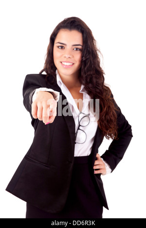 Woman ring me sign and pointing Stock Photo - Alamy