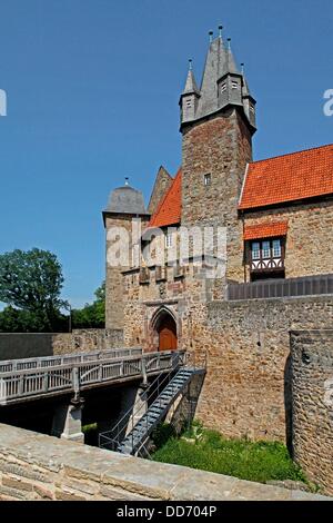 Castle Spangenberg, moat, bridge, portal, Spangenberg, Schwalm-Eder district, Hesse, Germany  The town Spangenberg is known best of all for its Schloss Spangenberg, a castle built in 1253 and the town's landmark. Stock Photo