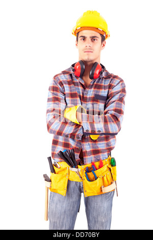 Young male construction worker, isolated over white background Stock Photo