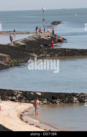 Concord beach Canvey island Essex UK sunbathers by sea Stock Photo