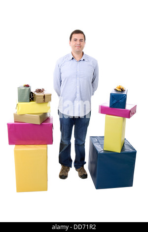 happy silly salesman with some boxes, isolated on white Stock Photo