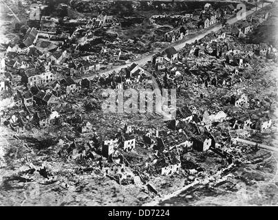 Aerial view of ruins of Vaux, France, 1918. Vaux was a French fortress occupied by the Germans in the World War I Battle of Stock Photo