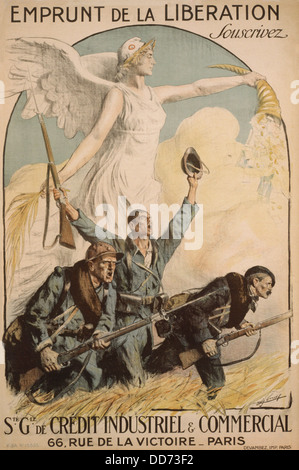 'The Liberation Loan. Subscribe', reads a French WW1 poster of 1918. French and allied soldiers are in battle posture, below of Stock Photo