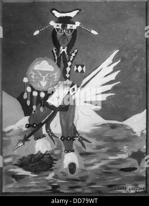 Cherokee High School Student's Painting of a Native American with a Spear and Shield. - - 281612 Stock Photo