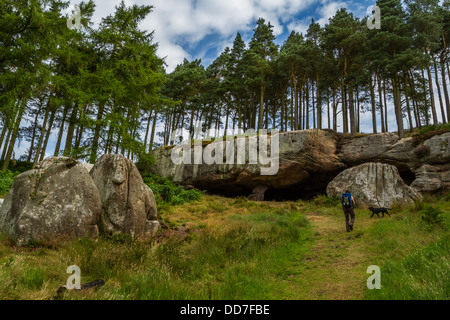 Walker taking in the history of St Cuthbert's Cave near Belford and Holy Island Stock Photo