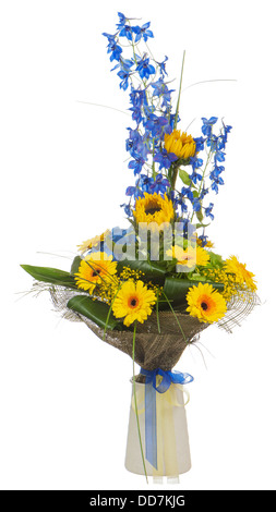 Floral bouquet of sunflowers and gerbera flowers in vase isolated on white background. Stock Photo